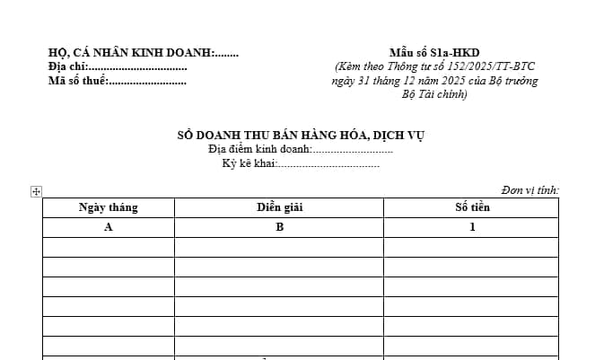 Mẫu sổ S2a-HKD Excel chuẩn 2026 cho hộ kinh doanh