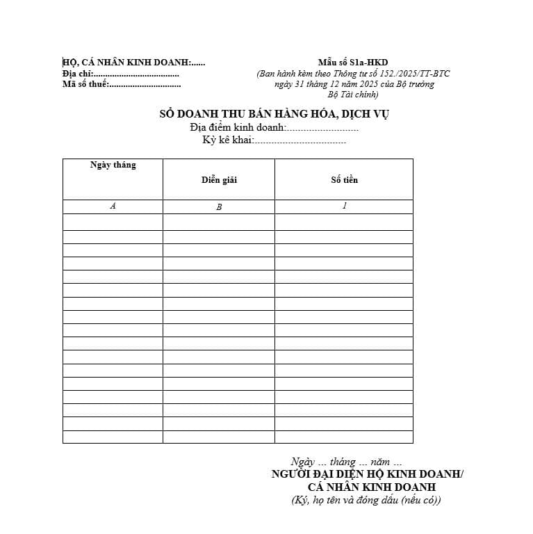 Mẫu sổ S1a-HKD Excel chuẩn 2026 cho hộ kinh doanh